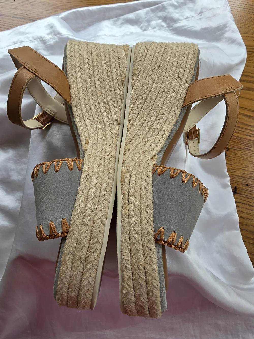 NEW Joie Women's Gray Suede Espadrille Platform Sandals w Tan Trim Size 7.5
